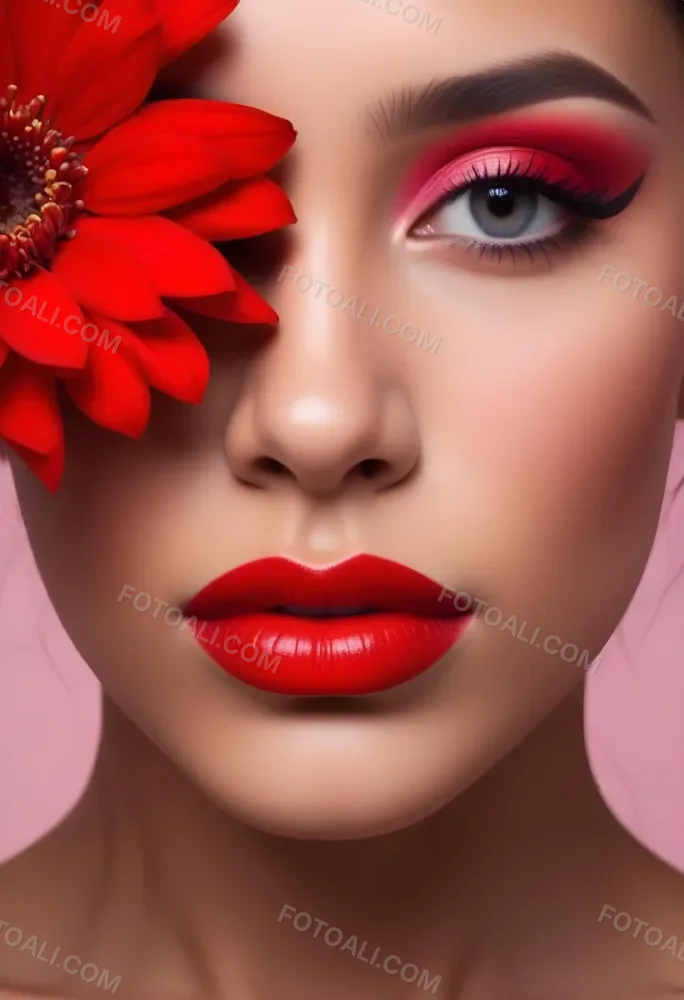 A Young Woman With Light Skin And Long Dark Hair Featuring Bold Makeup With Red Lips And Colorful Eyeshadow A Large Red Flower Partially Covers One Eye Set Against A Soft Pink Background 61 8acc