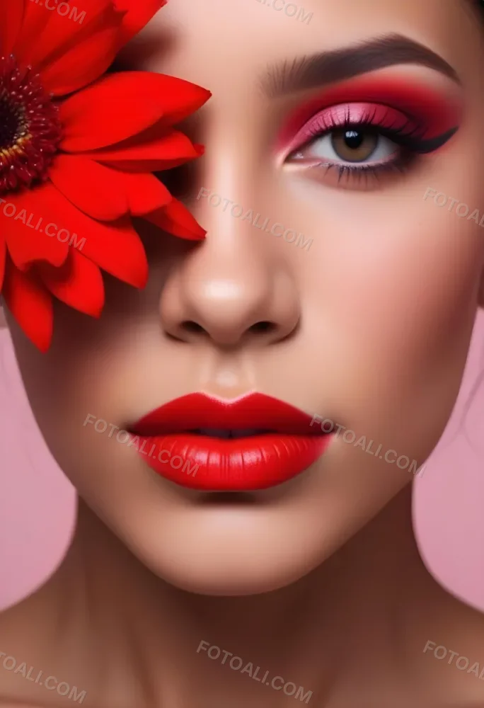 A Young Woman With Light Skin And Long Dark Hair Featuring Bold Makeup With Red Lips And Colorful Eyeshadow A Large Red Flower Partially Covers One Eye Set Against A Soft Pink Background 62 4b4e