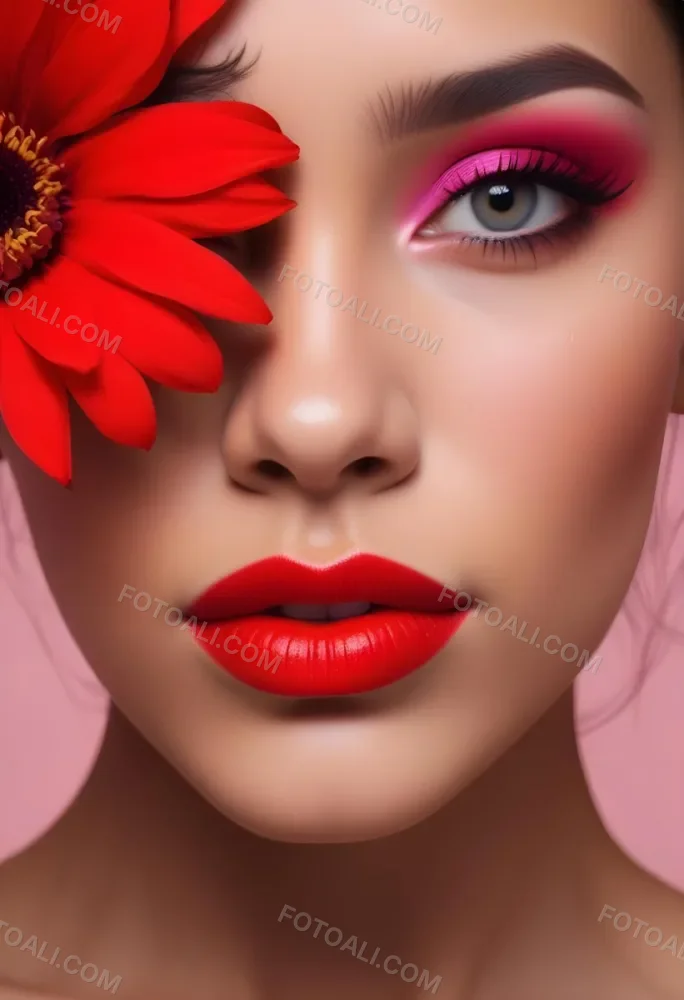 A Young Woman With Light Skin And Long Dark Hair Featuring Bold Makeup With Red Lips And Colorful Eyeshadow A Large Red Flower Partially Covers One Eye Set Against A Soft Pink Background 66 39ad
