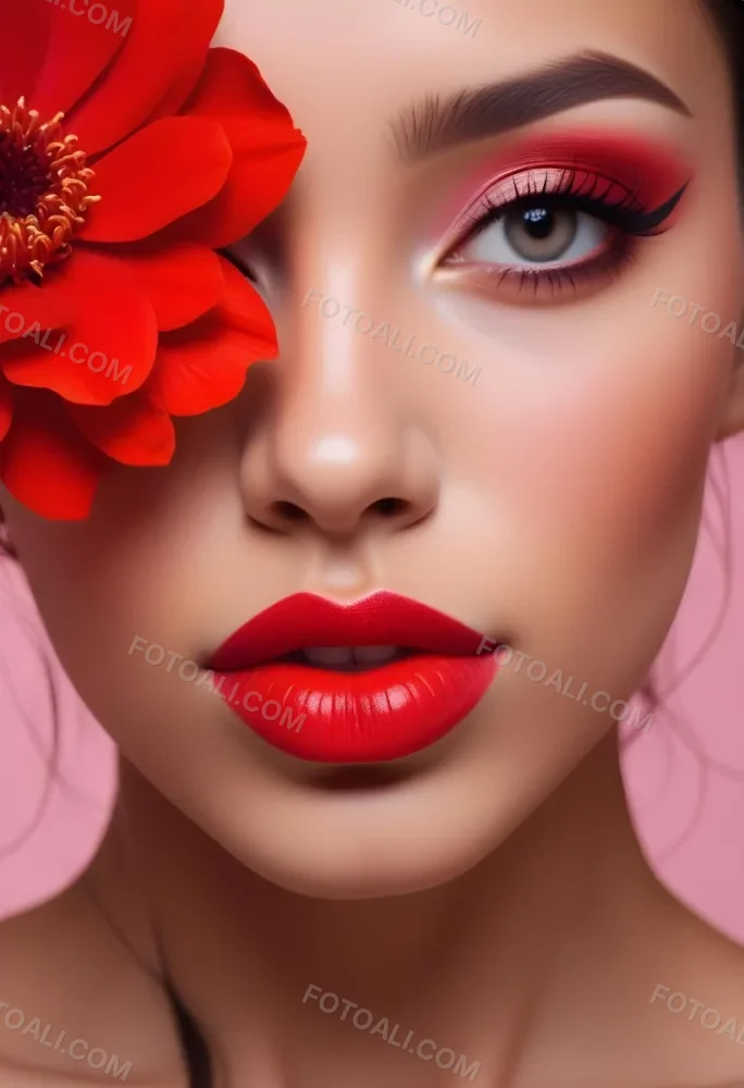A Young Woman With Light Skin And Long Dark Hair Featuring Bold Makeup With Red Lips And Colorful Eyeshadow A Large Red Flower Partially Covers One Eye Set Against A Soft Pink Background 69 D126