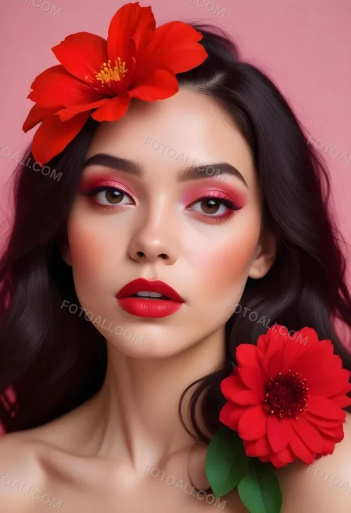 A Young Woman With Light Skin And Long Dark Hair Featuring Bold Makeup With Red Lips And Colorful Eyeshadow A Large Red Flower Partially Covers One Eye Set Against A Soft Pink Background 7 Bdd1