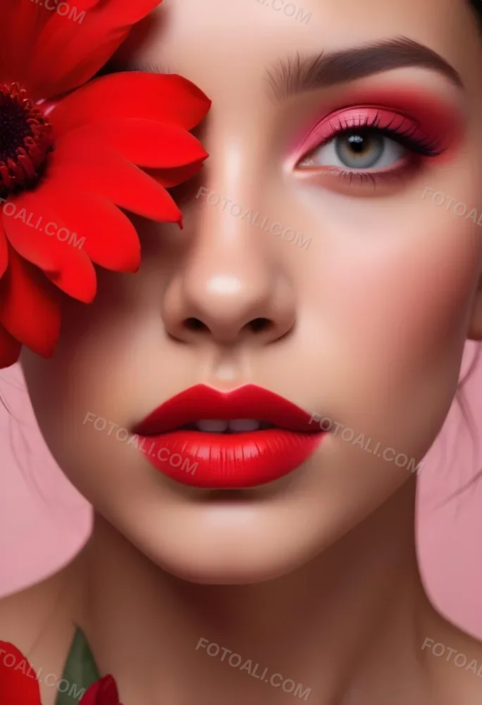A Young Woman With Light Skin And Long Dark Hair Featuring Bold Makeup With Red Lips And Colorful Eyeshadow A Large Red Flower Partially Covers One Eye Set Against A Soft Pink Background 8 86bc