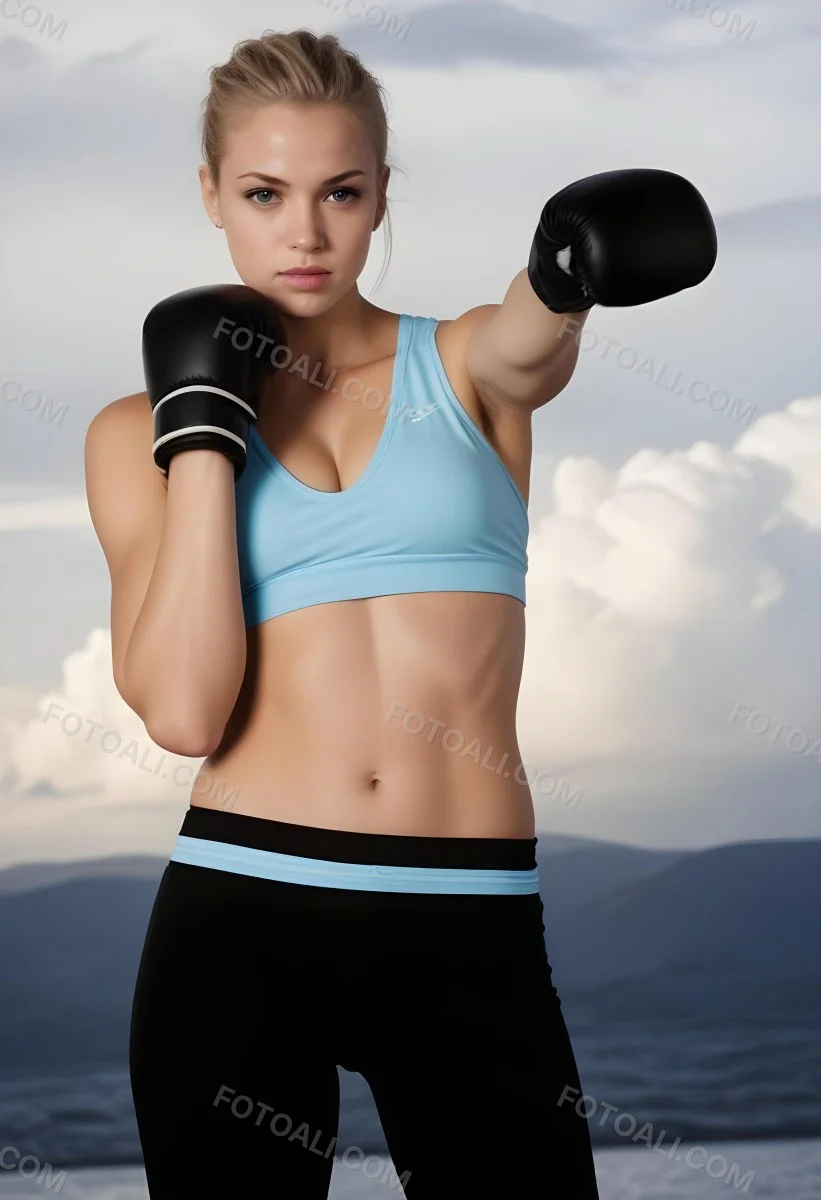 A Young Woman With Light Skin And Short Blonde Hair Is Wearing A Light Blue Sports Bra And Black Boxing Gloves She Is In A Boxing Stance Throwing A Punch The Background Features A Cloudy Sky Above A Body Of Water Su 17 D30c