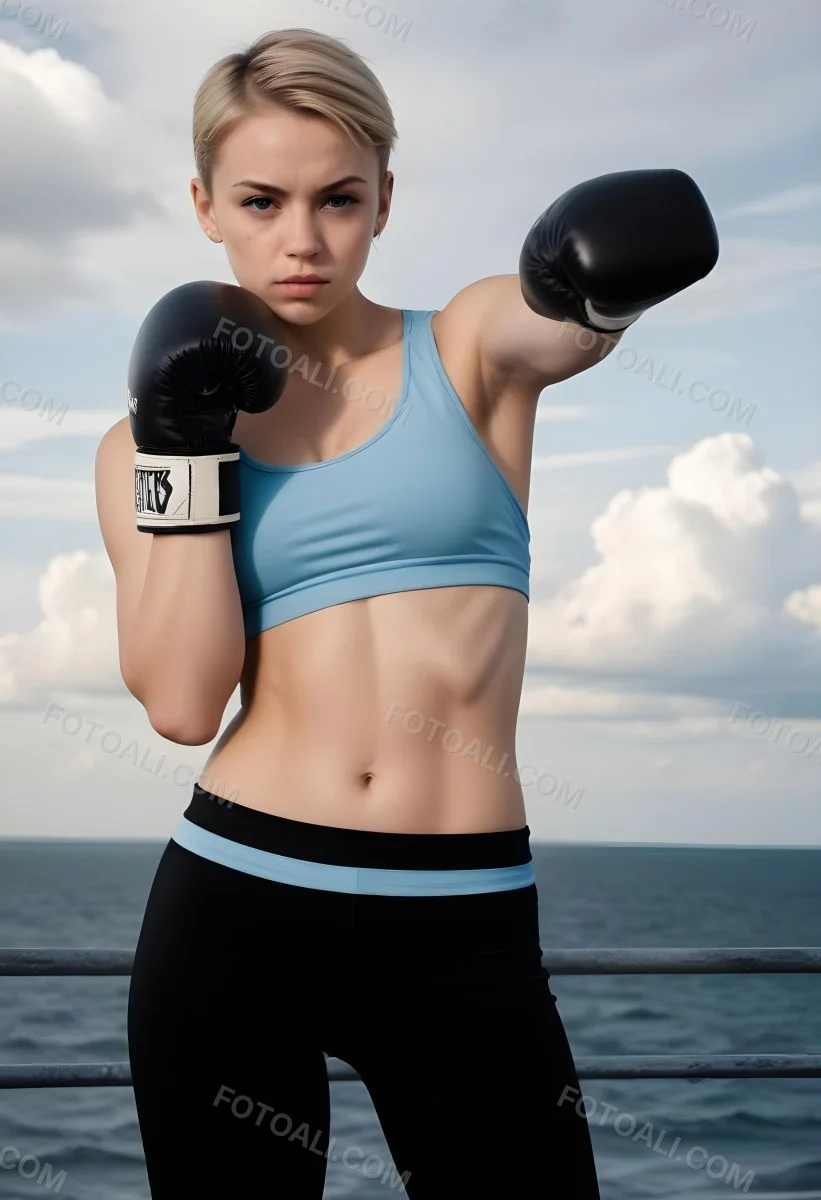 A Young Woman With Light Skin And Short Blonde Hair Is Wearing A Light Blue Sports Bra And Black Boxing Gloves She Is In A Boxing Stance Throwing A Punch The Background Features A Cloudy Sky Above A Body Of Water Su 21 A756