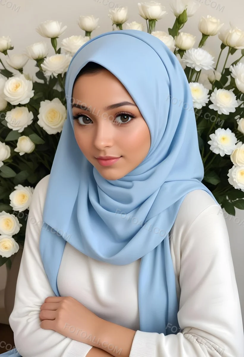 A Young Woman With Light Skin Brown Eyes And Dark Hair Wearing A Light Blue Hijab And A White Sweater Sitting In Front Of A Vase Of Flowers