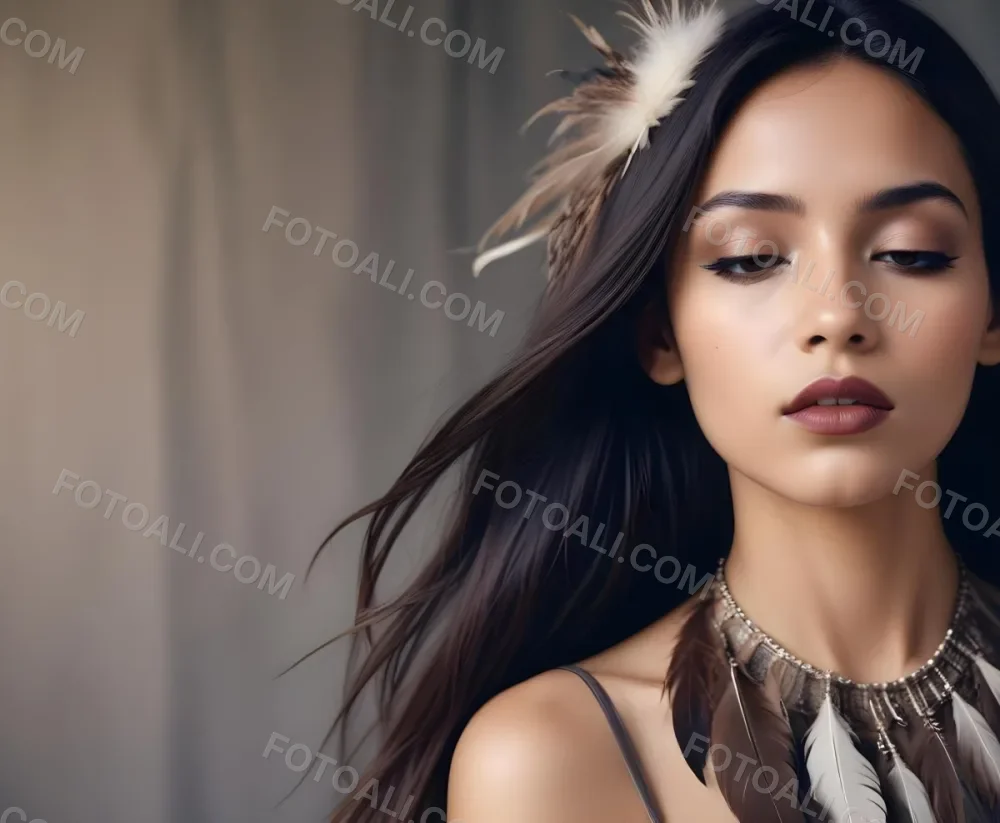 A Young Woman With Long Straight Dark Brown Hair And Dark Skin Wearing A Subtle Makeup Look With Highlighted Eyes And Dark Lipstick She Has A Decorative Feather Accessory On Her Shoulder And Her Eyes Are Closed Conv 13 220f