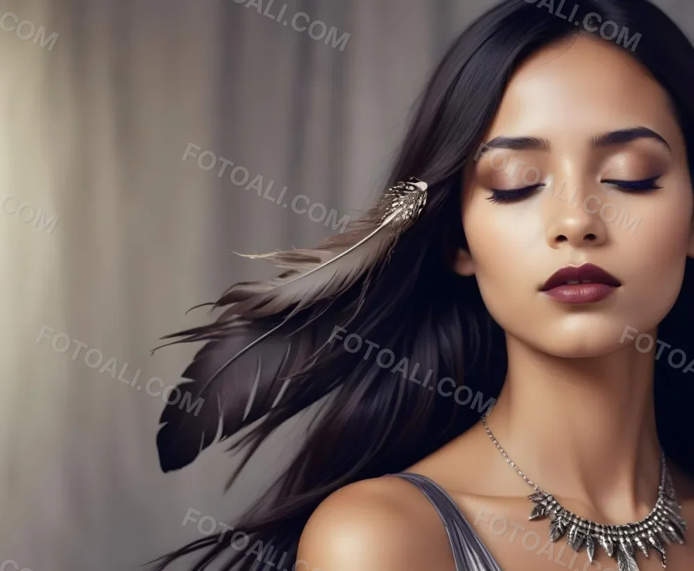 A Young Woman With Long Straight Dark Brown Hair And Dark Skin Wearing A Subtle Makeup Look With Highlighted Eyes And Dark Lipstick She Has A Decorative Feather Accessory On Her Shoulder And Her Eyes Are Closed Conv 17 14be