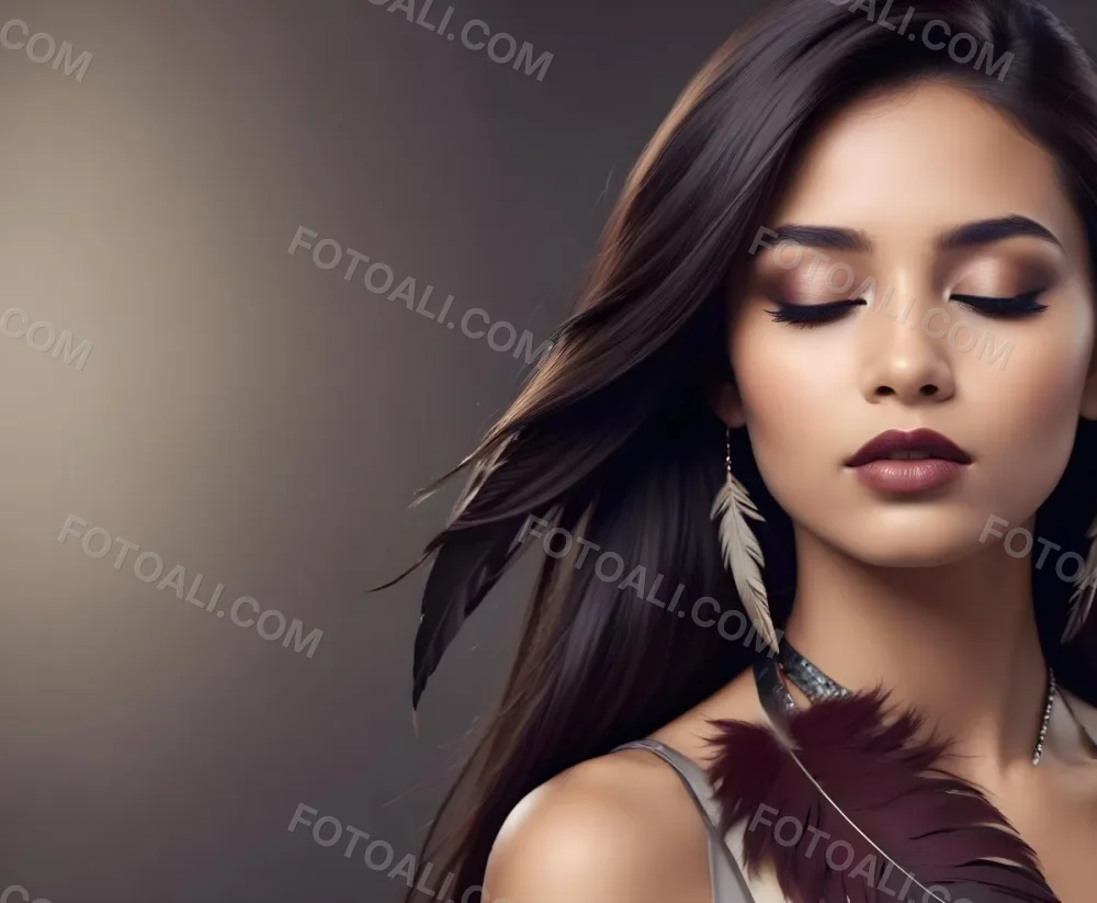 A Young Woman With Long Straight Dark Brown Hair And Dark Skin Wearing A Subtle Makeup Look With Highlighted Eyes And Dark Lipstick She Has A Decorative Feather Accessory On Her Shoulder And Her Eyes Are Closed Conv 26 A940