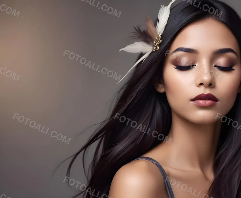 A Young Woman With Long Straight Dark Brown Hair And Dark Skin Wearing A Subtle Makeup Look With Highlighted Eyes And Dark Lipstick She Has A Decorative Feather Accessory On Her Shoulder And Her Eyes Are Closed Conv 29 24a5