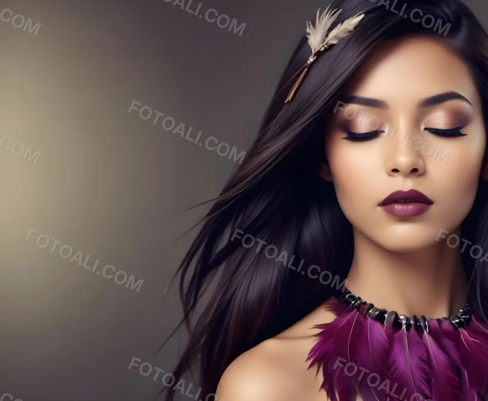 A Young Woman With Long Straight Dark Brown Hair And Dark Skin Wearing A Subtle Makeup Look With Highlighted Eyes And Dark Lipstick She Has A Decorative Feather Accessory On Her Shoulder And Her Eyes Are Closed Conv 32 3f54