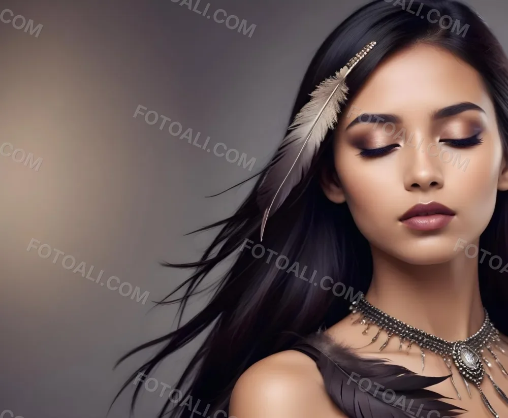 A Young Woman With Long Straight Dark Brown Hair And Dark Skin Wearing A Subtle Makeup Look With Highlighted Eyes And Dark Lipstick She Has A Decorative Feather Accessory On Her Shoulder And Her Eyes Are Closed Conv 36 D110