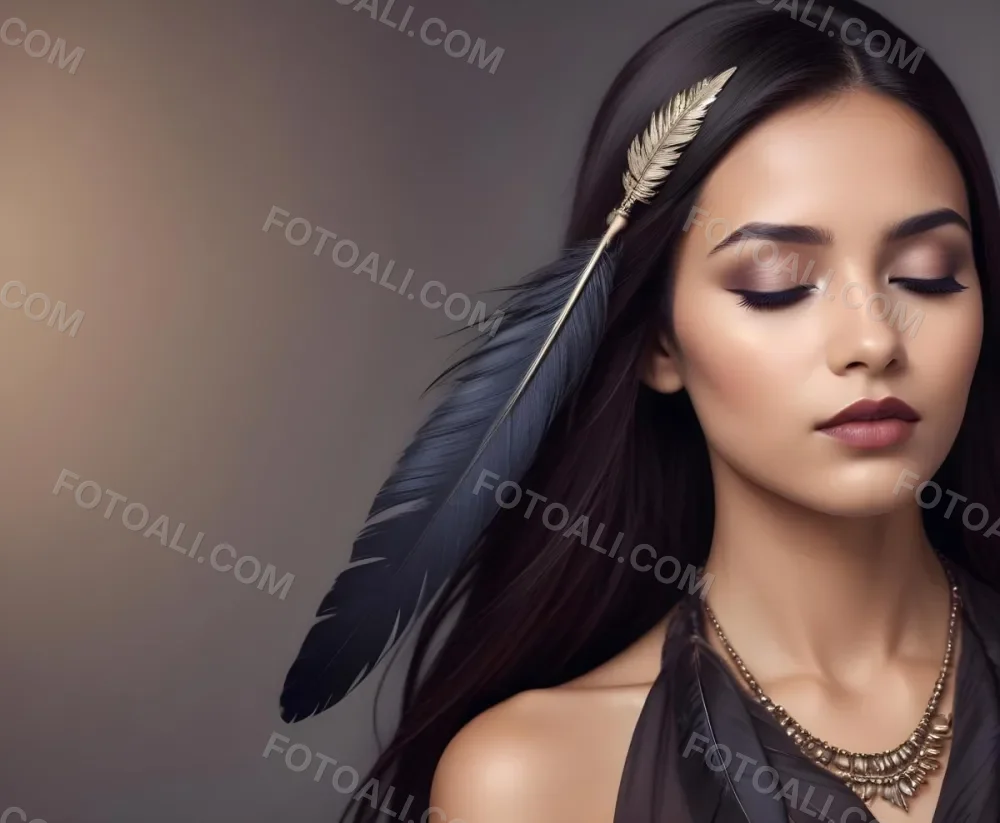 A Young Woman With Long Straight Dark Brown Hair And Dark Skin Wearing A Subtle Makeup Look With Highlighted Eyes And Dark Lipstick She Has A Decorative Feather Accessory On Her Shoulder And Her Eyes Are Closed Conv 38 6f17