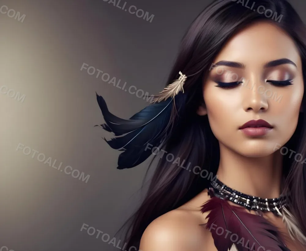 A Young Woman With Long Straight Dark Brown Hair And Dark Skin Wearing A Subtle Makeup Look With Highlighted Eyes And Dark Lipstick She Has A Decorative Feather Accessory On Her Shoulder And Her Eyes Are Closed Conv 41 5496