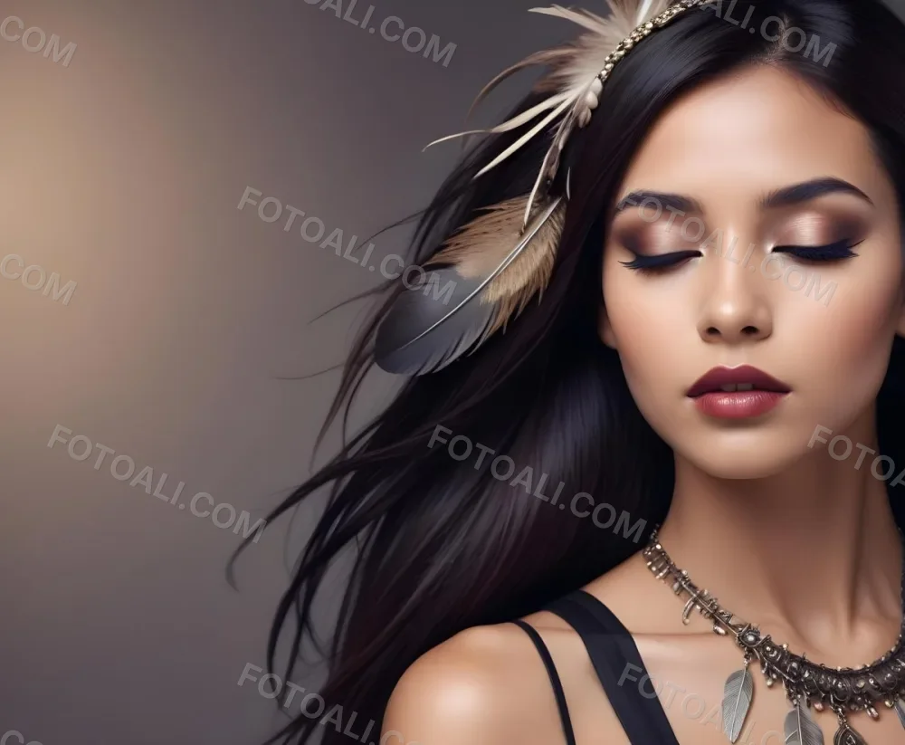 A Young Woman With Long Straight Dark Brown Hair And Dark Skin Wearing A Subtle Makeup Look With Highlighted Eyes And Dark Lipstick She Has A Decorative Feather Accessory On Her Shoulder And Her Eyes Are Closed Conv 45 2943