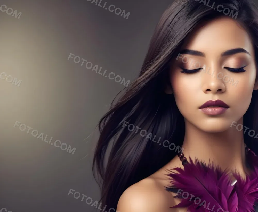 A Young Woman With Long Straight Dark Brown Hair And Dark Skin Wearing A Subtle Makeup Look With Highlighted Eyes And Dark Lipstick She Has A Decorative Feather Accessory On Her Shoulder And Her Eyes Are Closed Conv 49 C733
