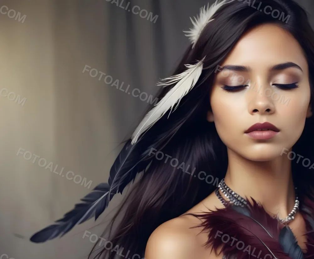 A Young Woman With Long Straight Dark Brown Hair And Dark Skin Wearing A Subtle Makeup Look With Highlighted Eyes And Dark Lipstick She Has A Decorative Feather Accessory On Her Shoulder And Her Eyes Are Closed Conv 5 841e