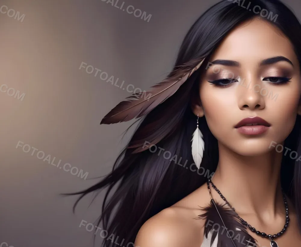 A Young Woman With Long Straight Dark Brown Hair And Dark Skin Wearing A Subtle Makeup Look With Highlighted Eyes And Dark Lipstick She Has A Decorative Feather Accessory On Her Shoulder And Her Eyes Are Closed Conv 50 6d13