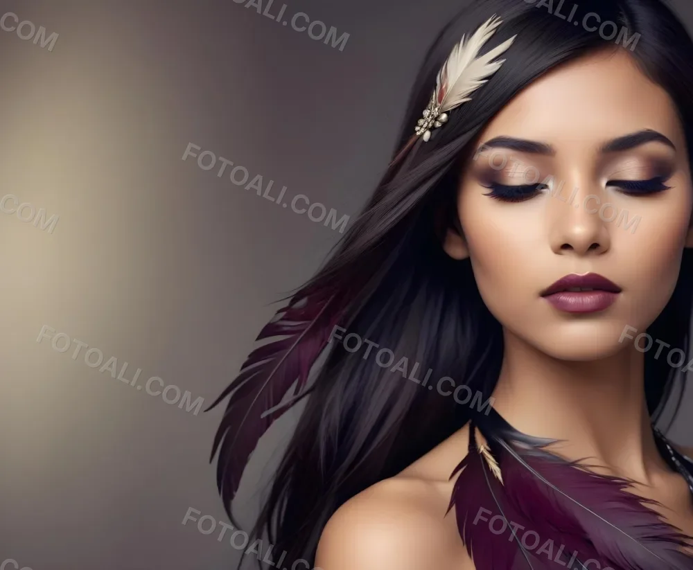 A Young Woman With Long Straight Dark Brown Hair And Dark Skin Wearing A Subtle Makeup Look With Highlighted Eyes And Dark Lipstick She Has A Decorative Feather Accessory On Her Shoulder And Her Eyes Are Closed Conv 51 1ebc