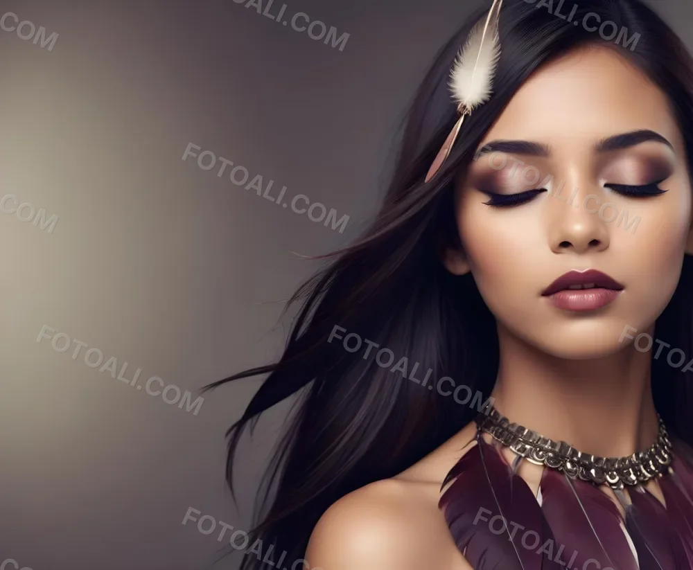 A Young Woman With Long Straight Dark Brown Hair And Dark Skin Wearing A Subtle Makeup Look With Highlighted Eyes And Dark Lipstick She Has A Decorative Feather Accessory On Her Shoulder And Her Eyes Are Closed Conv 52 Db41