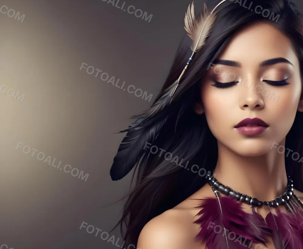 A Young Woman With Long Straight Dark Brown Hair And Dark Skin Wearing A Subtle Makeup Look With Highlighted Eyes And Dark Lipstick She Has A Decorative Feather Accessory On Her Shoulder And Her Eyes Are Closed Conv 53 9eae