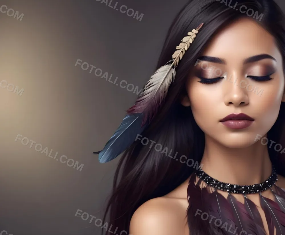 A Young Woman With Long Straight Dark Brown Hair And Dark Skin Wearing A Subtle Makeup Look With Highlighted Eyes And Dark Lipstick She Has A Decorative Feather Accessory On Her Shoulder And Her Eyes Are Closed Conv 54 7c04