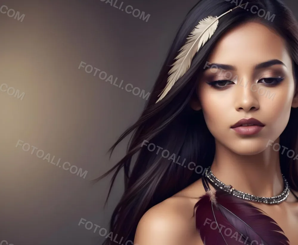 A Young Woman With Long Straight Dark Brown Hair And Dark Skin Wearing A Subtle Makeup Look With Highlighted Eyes And Dark Lipstick She Has A Decorative Feather Accessory On Her Shoulder And Her Eyes Are Closed Conv 55 745f
