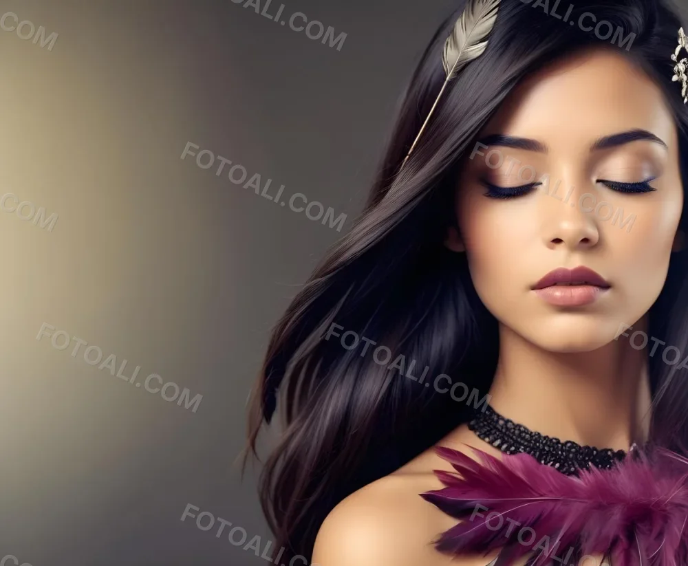 A Young Woman With Long Straight Dark Brown Hair And Dark Skin Wearing A Subtle Makeup Look With Highlighted Eyes And Dark Lipstick She Has A Decorative Feather Accessory On Her Shoulder And Her Eyes Are Closed Conv 8 D0e4