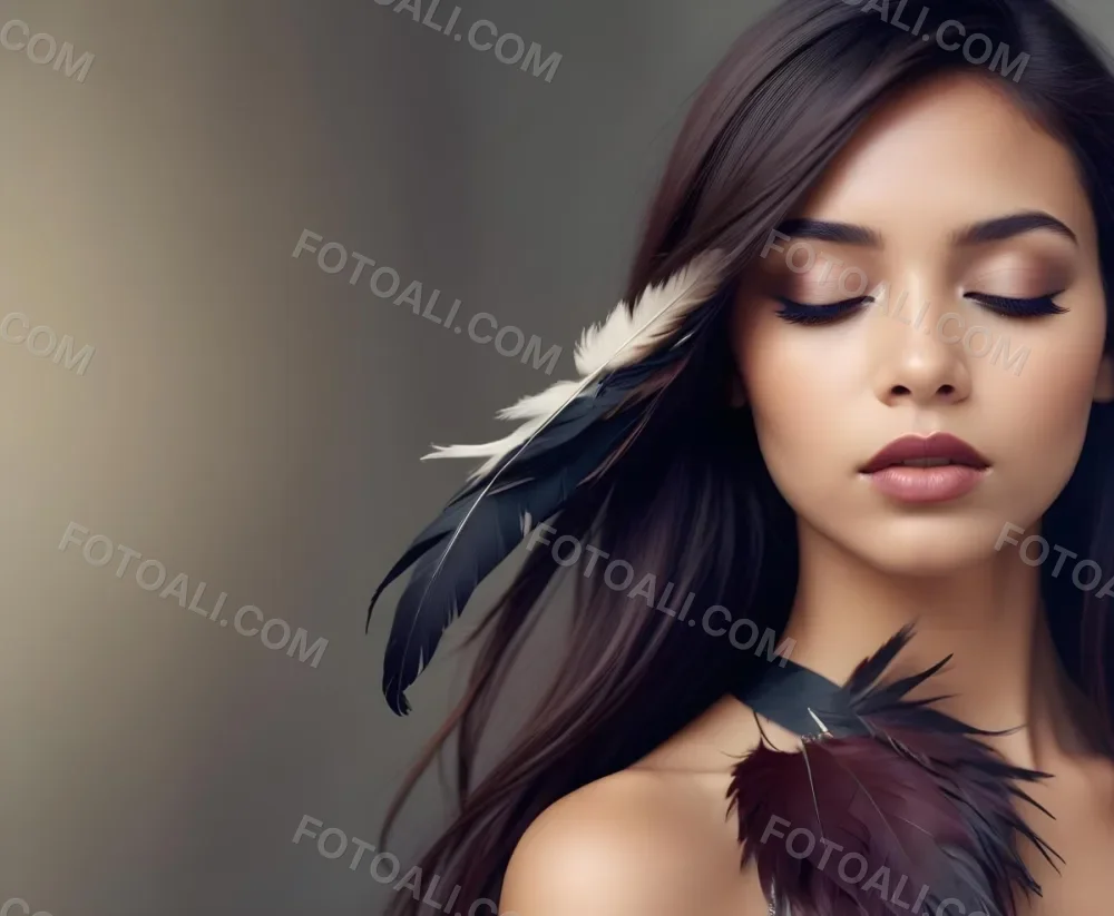 A Young Woman With Long Straight Dark Brown Hair And Dark Skin Wearing A Subtle Makeup Look With Highlighted Eyes And Dark Lipstick She Has A Decorative Feather Accessory On Her Shoulder And Her Eyes Are Closed Conv 9 B118