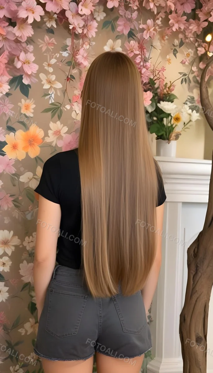 A Young Woman With Long Straight Light Brown Hair Standing In Front Of A Floral Background 1 B896