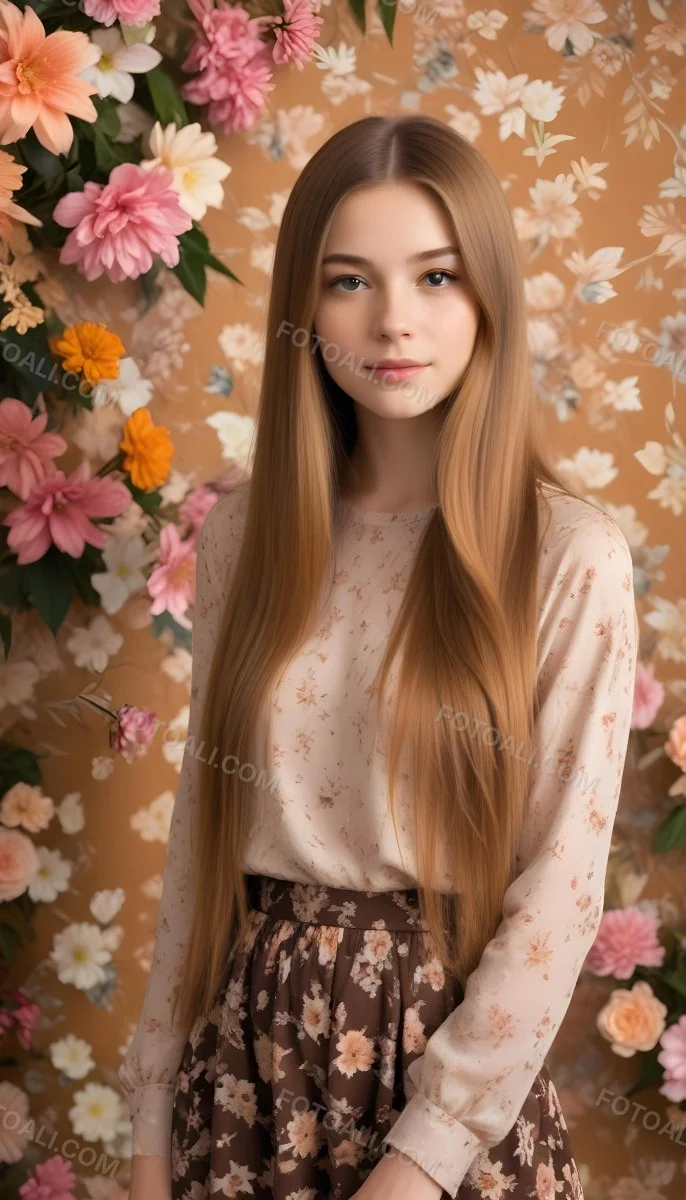 A Young Woman With Long Straight Light Brown Hair Standing In Front Of A Floral Background 10 B1ac