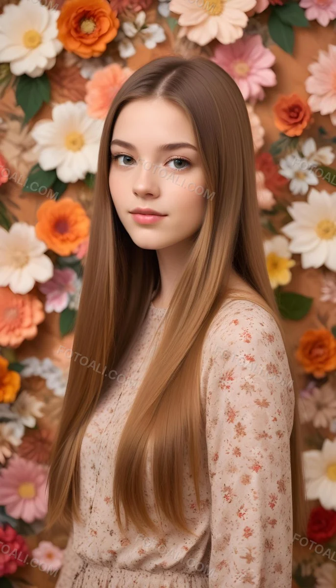 A Young Woman With Long Straight Light Brown Hair Standing In Front Of A Floral Background 12 87be