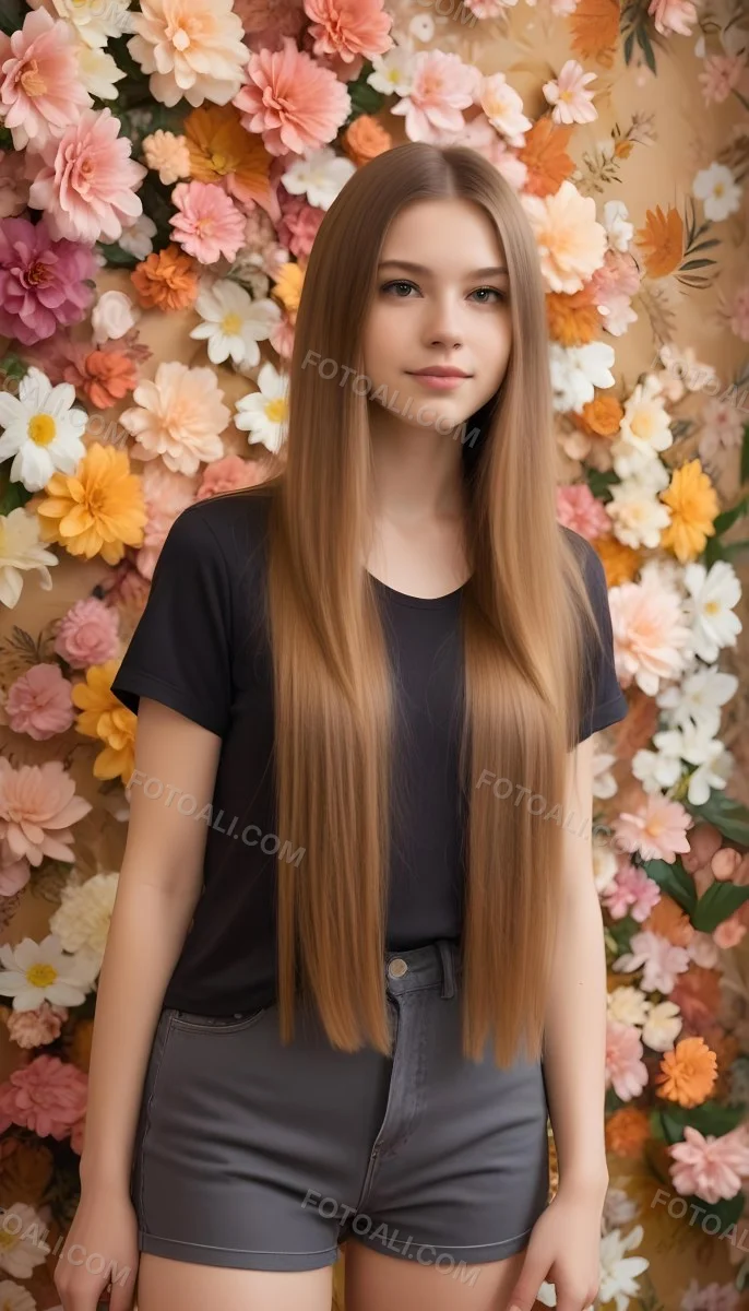 A Young Woman With Long Straight Light Brown Hair Standing In Front Of A Floral Background 13 Be8b