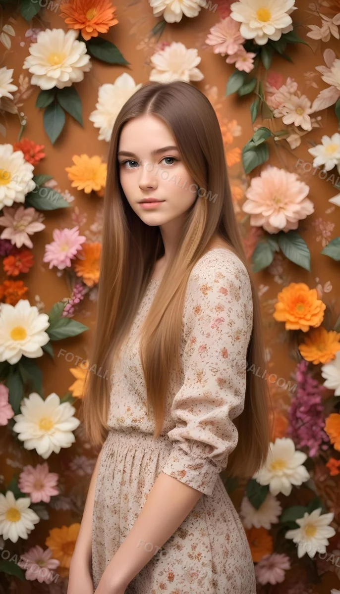 A Young Woman With Long Straight Light Brown Hair Standing In Front Of A Floral Background 14 3ede