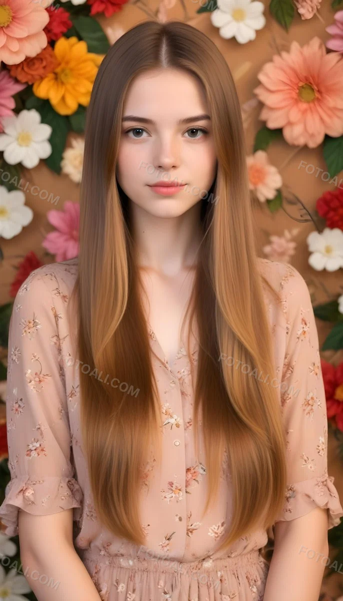 A Young Woman With Long Straight Light Brown Hair Standing In Front Of A Floral Background 15 049b