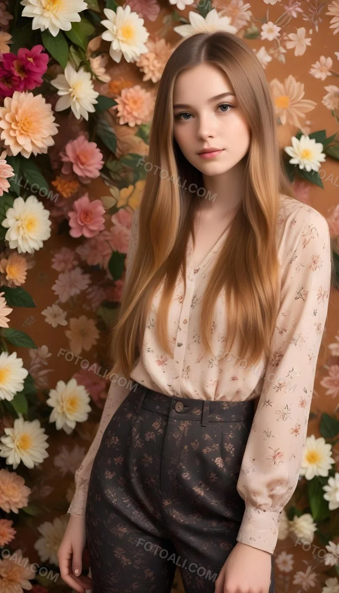 A Young Woman With Long Straight Light Brown Hair Standing In Front Of A Floral Background 17 997b