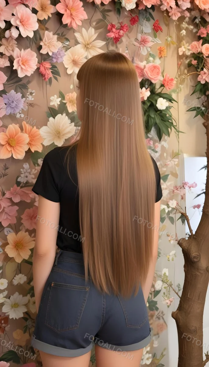 A Young Woman With Long Straight Light Brown Hair Standing In Front Of A Floral Background 4 21af
