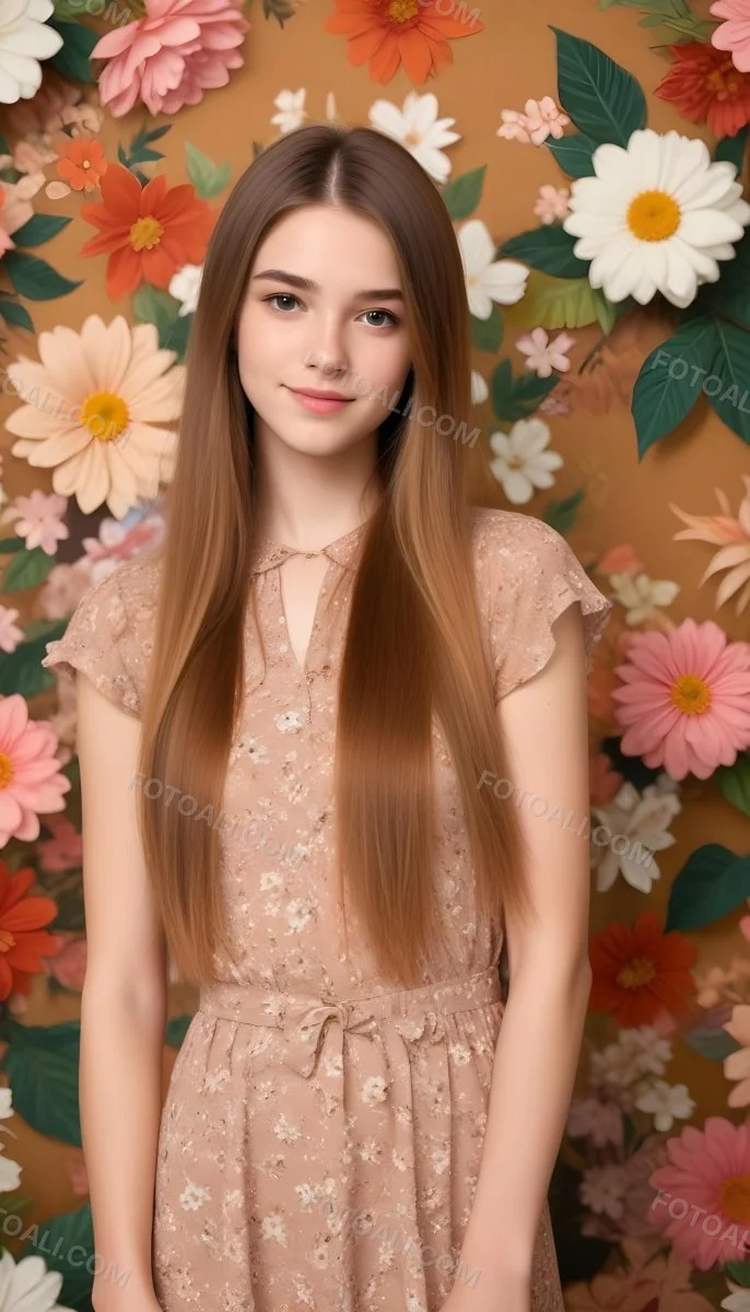 A Young Woman With Long Straight Light Brown Hair Standing In Front Of A Floral Background 7 864f