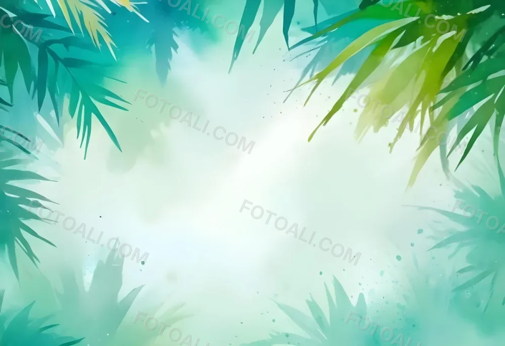 Abstract Background With Bokeh Effect And Palm Tree Leaves On The Top Right Corner Light Green And Turquoise Colors 18 D6b9