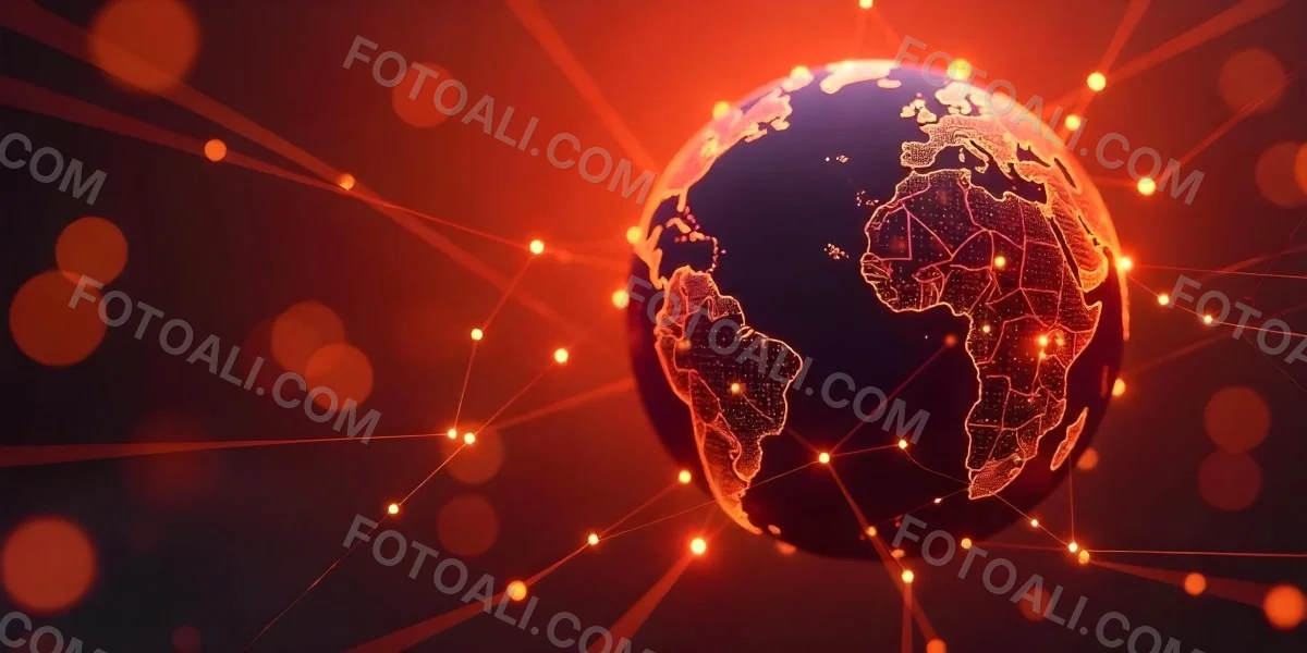 Abstract Globe With Orange And Red Glowing Lines And Dots Network Connections Orange Background With Bokeh Effect 27 083e