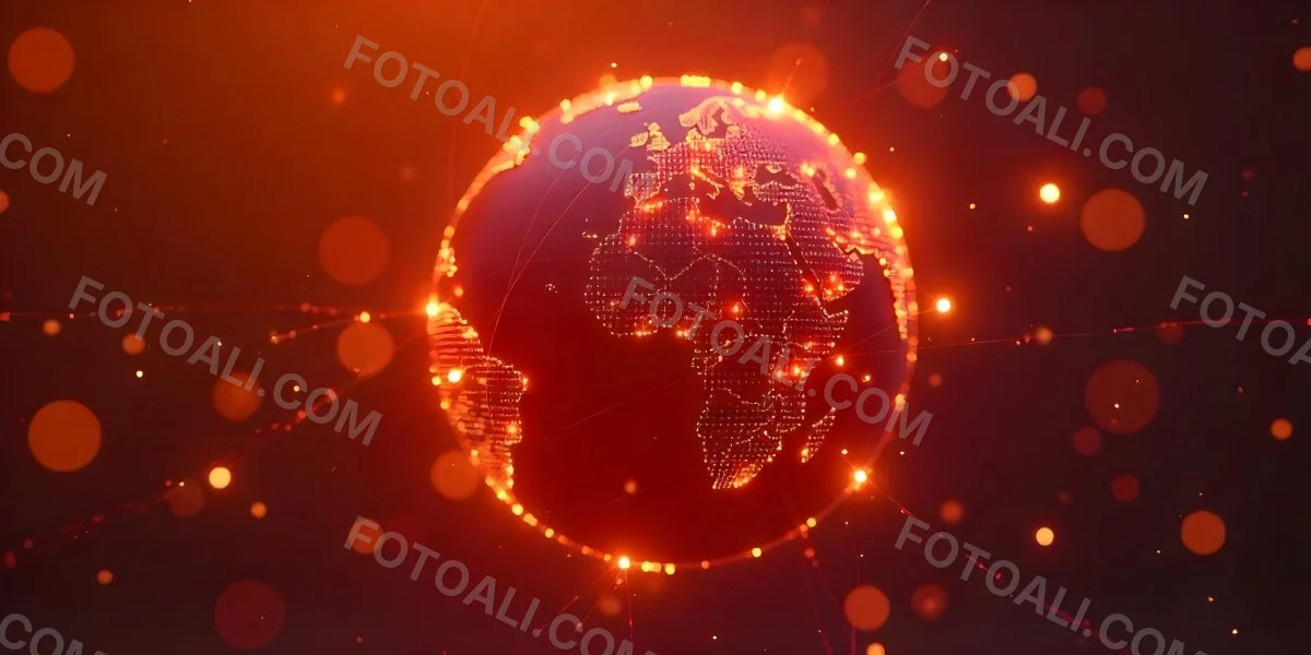 Abstract Globe With Orange And Red Glowing Lines And Dots Network Connections Orange Background With Bokeh Effect 46 79c1