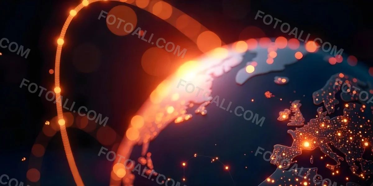 Abstract Globe With Orange And Red Glowing Lines And Dots Network Connections Orange Background With Bokeh Effect 7 1e04