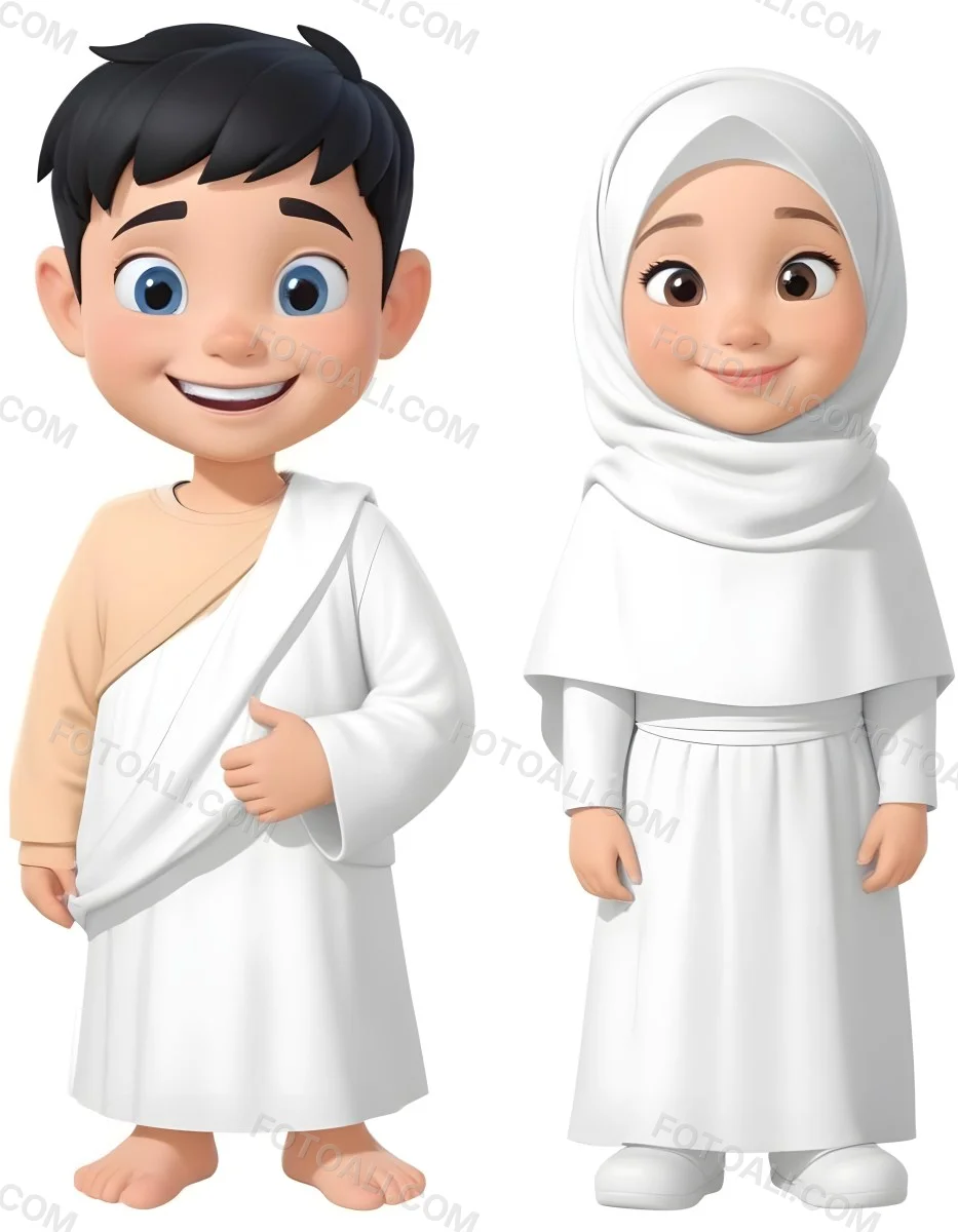 Adorable Cartoon Style A Young Boy With Black Hair And Light Skin Wearing A White Garment Smiling And Standing On The Left Beside Him Is A Young Girl With Light Skin Wearing A Black Hijab And A Matching Garment Also 10 7412