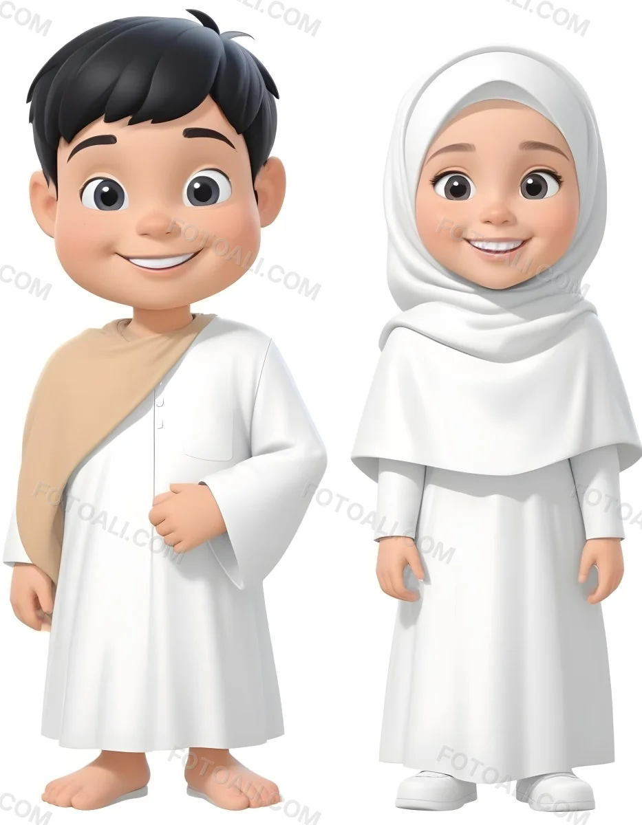 Adorable Cartoon Style A Young Boy With Black Hair And Light Skin Wearing A White Garment Smiling And Standing On The Left Beside Him Is A Young Girl With Light Skin Wearing A Black Hijab And A Matching Garment Also 11 F4a3