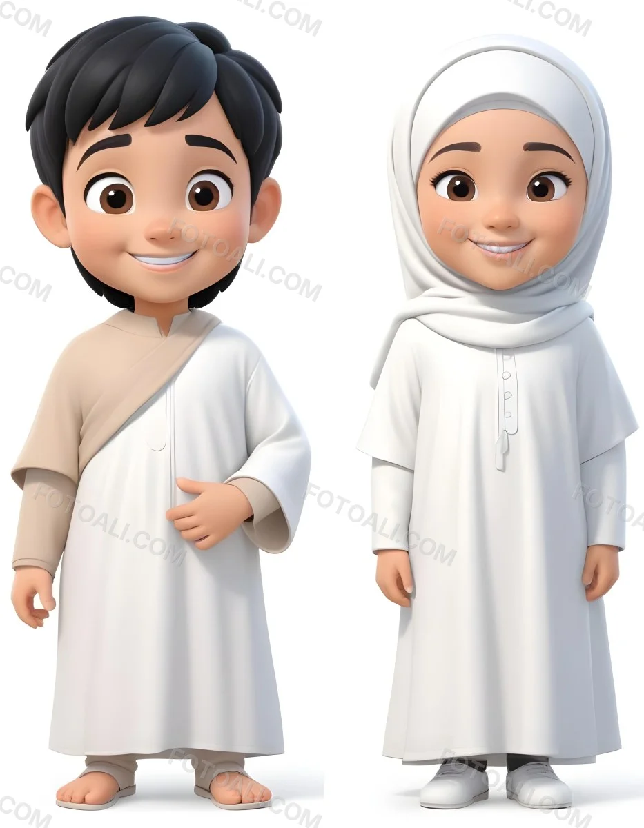 Adorable Cartoon Style A Young Boy With Black Hair And Light Skin Wearing A White Garment Smiling And Standing On The Left Beside Him Is A Young Girl With Light Skin Wearing A Black Hijab And A Matching Garment Also 12 55f7