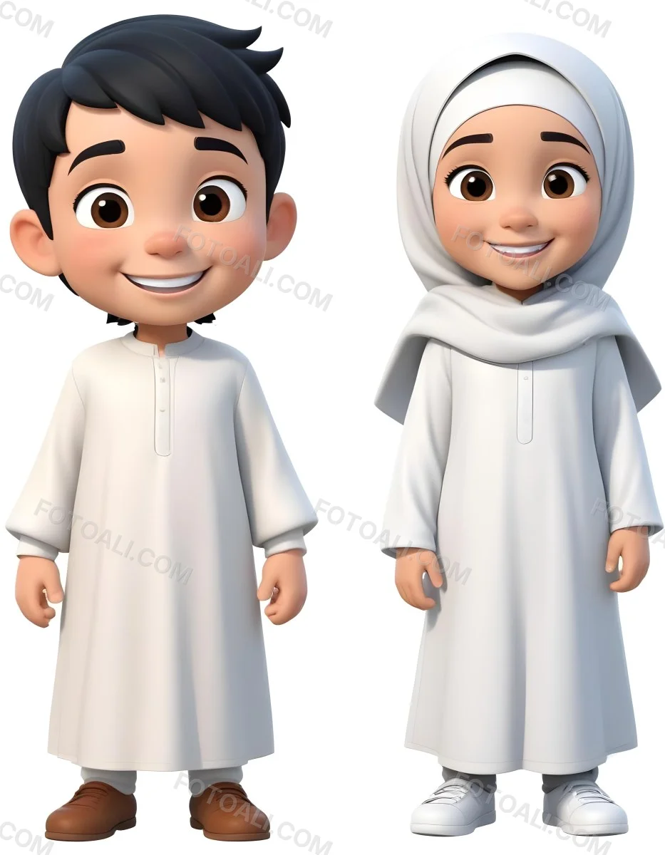 Adorable Cartoon Style A Young Boy With Black Hair And Light Skin Wearing A White Garment Smiling And Standing On The Left Beside Him Is A Young Girl With Light Skin Wearing A Black Hijab And A Matching Garment Also 14 E09b