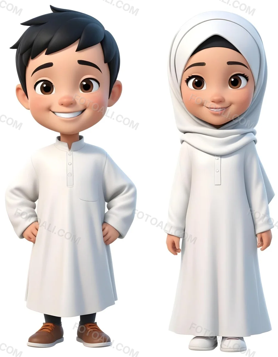 Adorable Cartoon Style A Young Boy With Black Hair And Light Skin Wearing A White Garment Smiling And Standing On The Left Beside Him Is A Young Girl With Light Skin Wearing A Black Hijab And A Matching Garment Also 15 6ec8