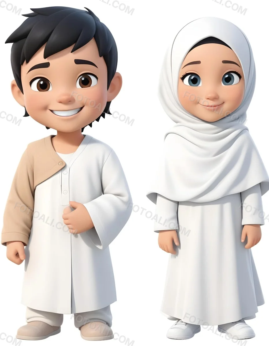 Adorable Cartoon Style A Young Boy With Black Hair And Light Skin Wearing A White Garment Smiling And Standing On The Left Beside Him Is A Young Girl With Light Skin Wearing A Black Hijab And A Matching Garment Also 17 172a