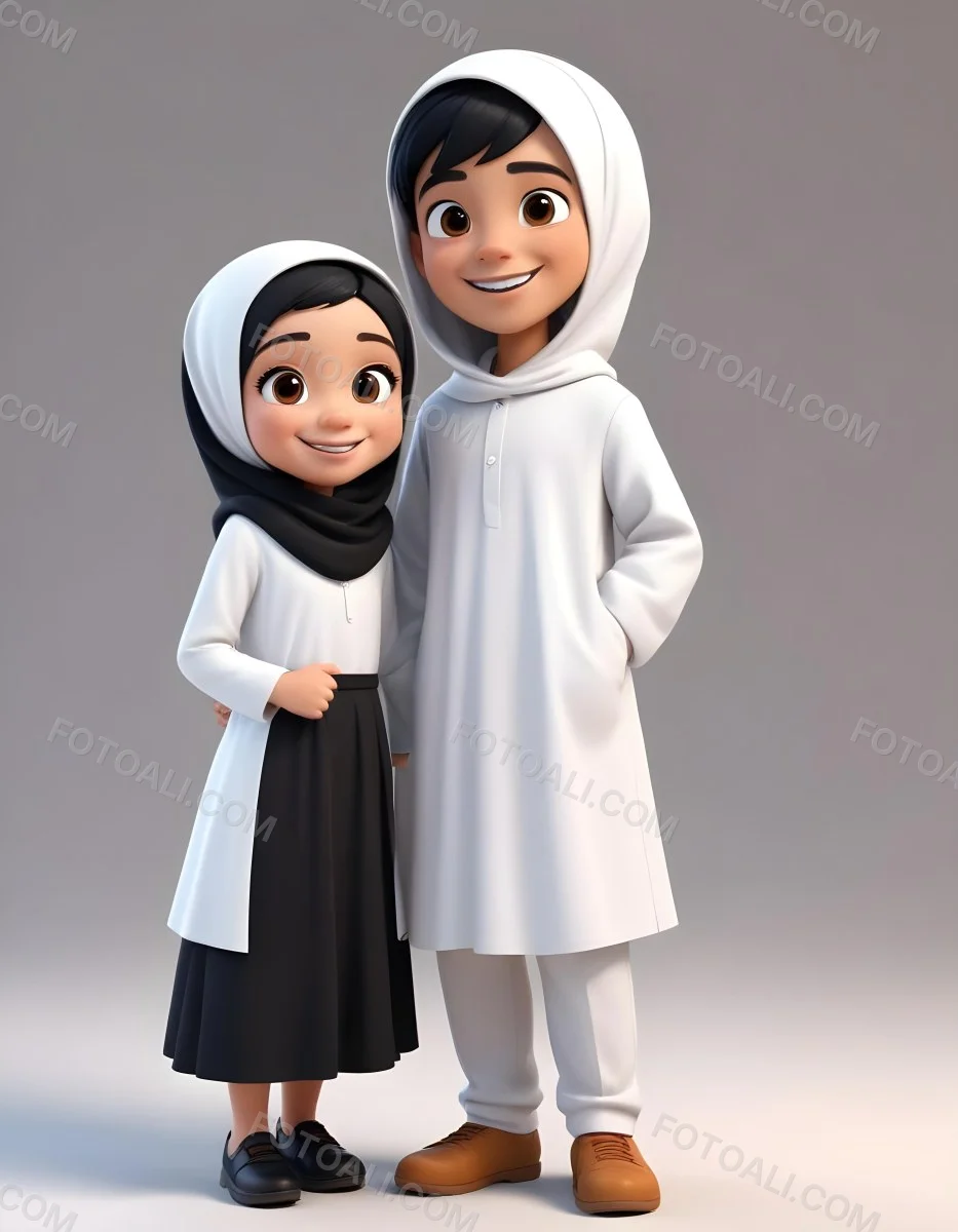 Adorable Cartoon Style A Young Boy With Black Hair And Light Skin Wearing A White Garment Smiling And Standing On The Left Beside Him Is A Young Girl With Light Skin Wearing A Black Hijab And A Matching Garment Also 18 6f91