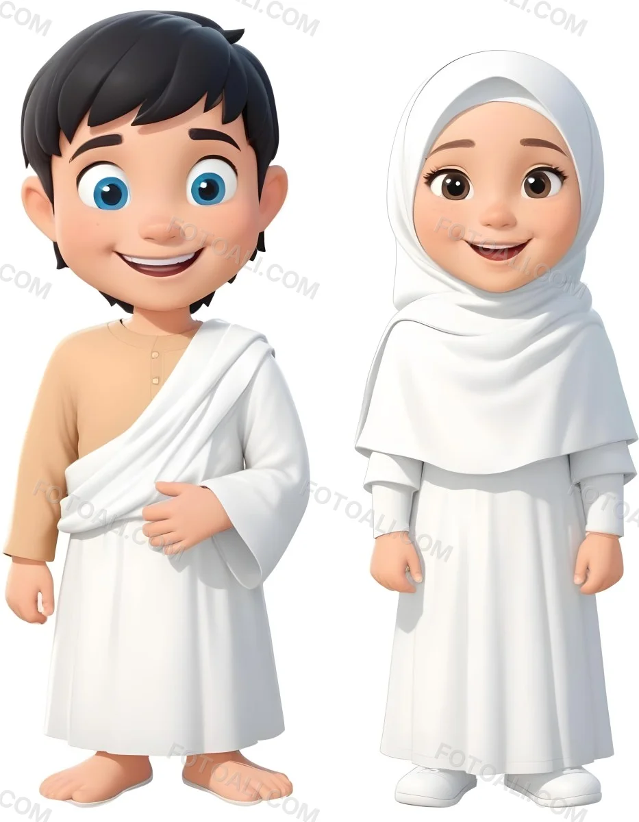 Adorable Cartoon Style A Young Boy With Black Hair And Light Skin Wearing A White Garment Smiling And Standing On The Left Beside Him Is A Young Girl With Light Skin Wearing A Black Hijab And A Matching Garment Also 3 Cc32