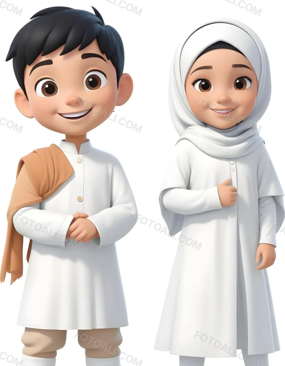 Adorable Cartoon Style A Young Boy With Black Hair And Light Skin Wearing A White Garment Smiling And Standing On The Left Beside Him Is A Young Girl With Light Skin Wearing A Black Hijab And A Matching Garment Also 7 F615